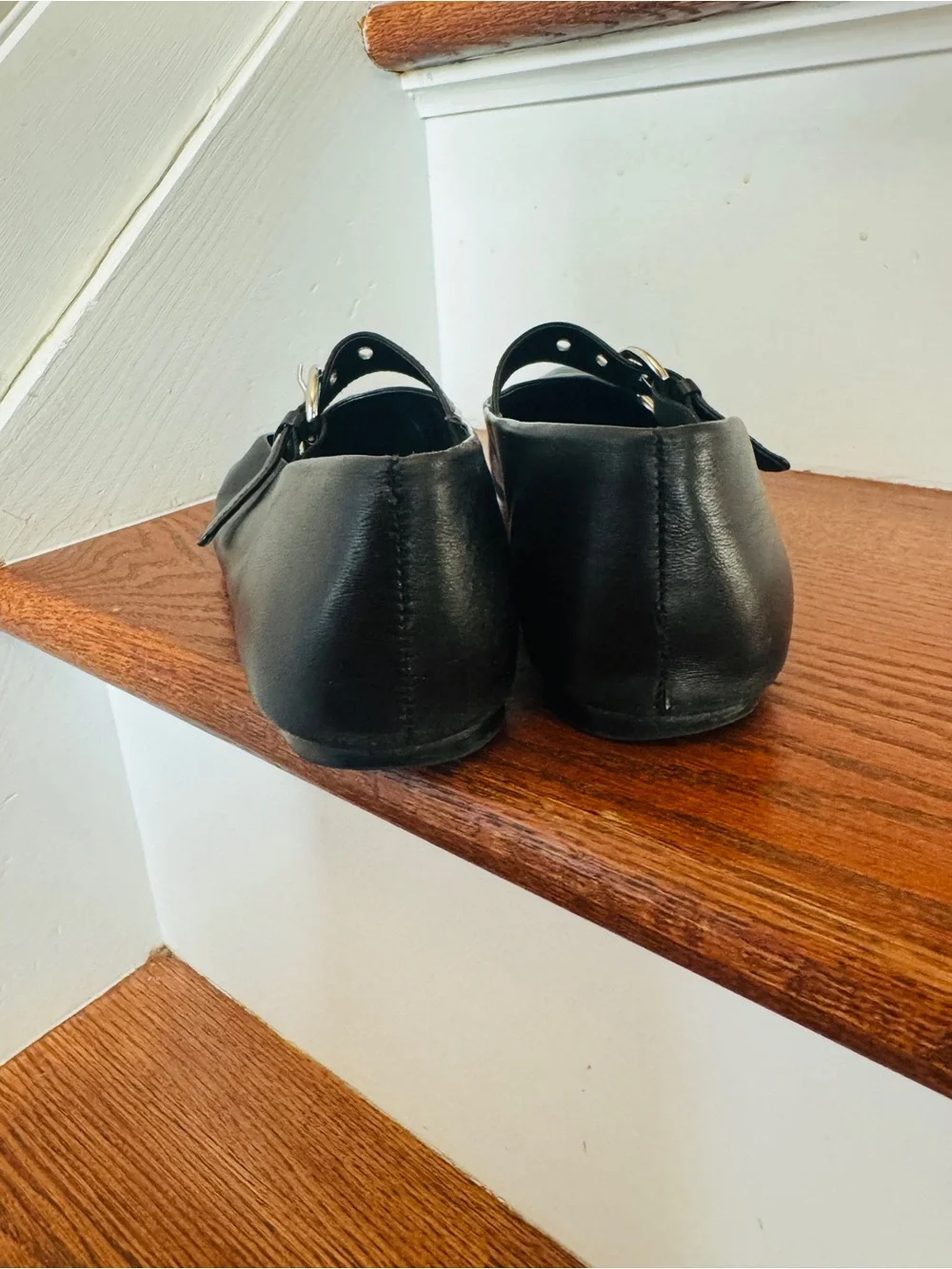 Reformation Black Leather Mary Jane Flats with Silver Buckles